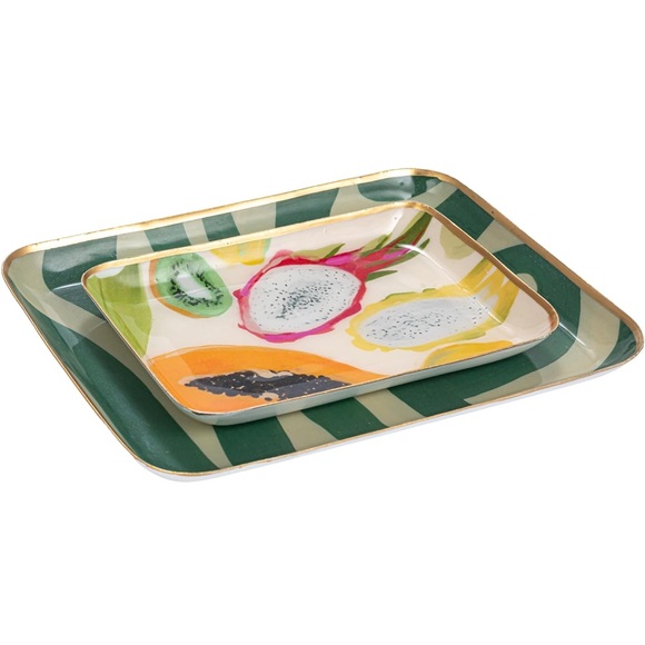 CREATIVE CO-OP NWT 3pc enameled trays w/ fruit & abstract print & gold rim - Picture 2 of 7